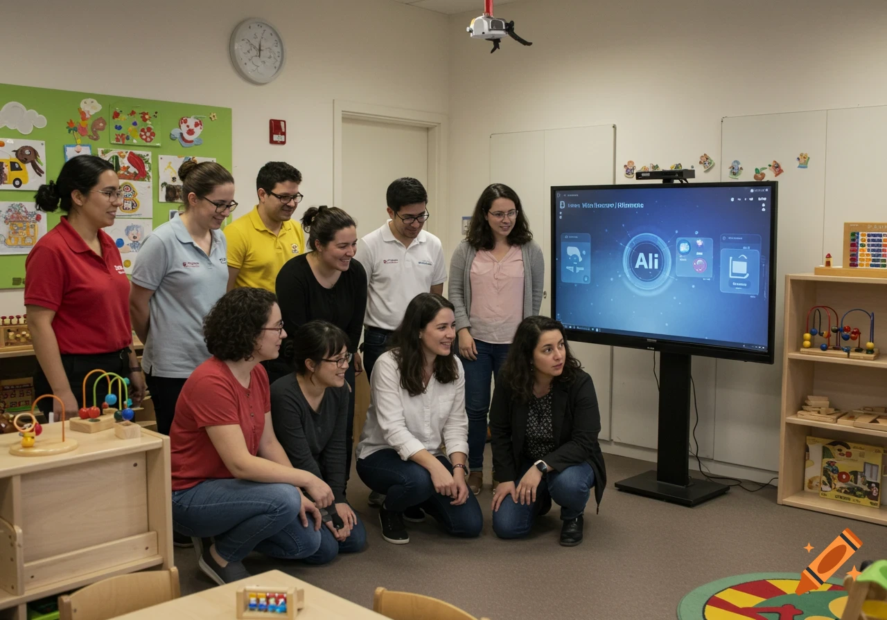 A diverse group of adults in a modern daycare classroom, gathered around a large interactive screen displaying "Ali", a plausible AI tool. They are smiling and engaged, with children's artwork and toys visible.