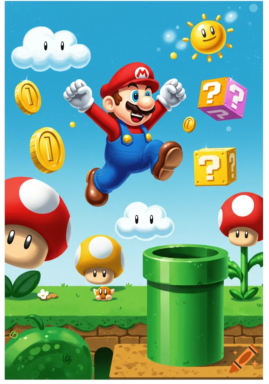 Super Mario jumps mid-air, surrounded by gold coins, question blocks, mushrooms, clouds, and a smiling sun in a bright cartoon scene.