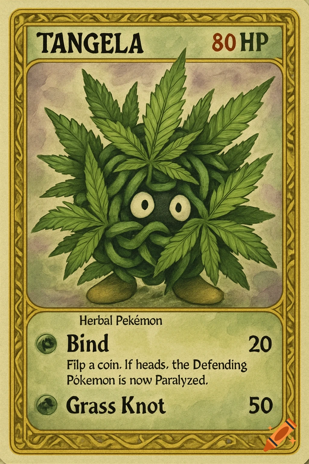 A stylized Pokemon trading card featuring Tangela, the blue tangle Pokemon, covered in marijuana leaves, depicted as a "Herbal Pokémon".