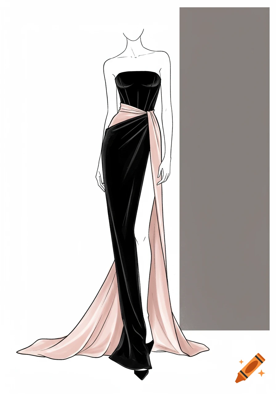 A fashion sketch of a strapless black velvet corset bodice dress with a light pink silk taffeta skirt and a high slit.