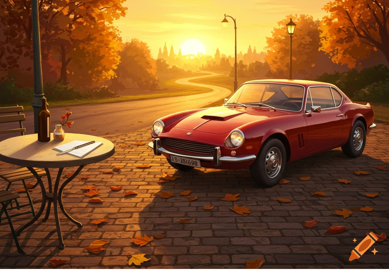 A red vintage sports car is parked on a brick path amidst fallen autumn leaves at sunset, with a table and chairs nearby in a vibrant illustration.
