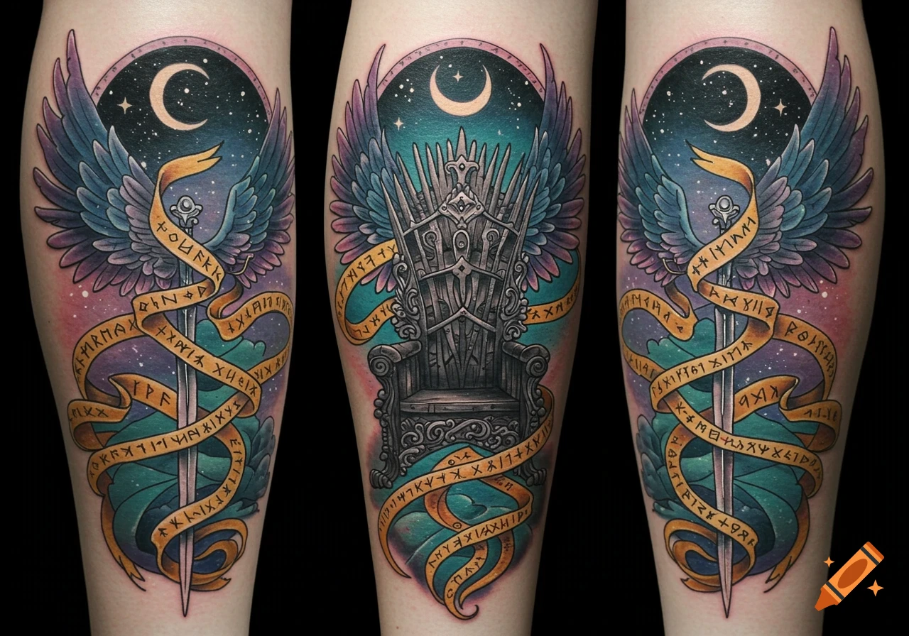 Colorful fantasy tattoos on a person's legs, featuring winged swords and an Iron Throne-like chair against a starry night sky with a crescent moon, all wrapped with golden ribbons bearing runic script.