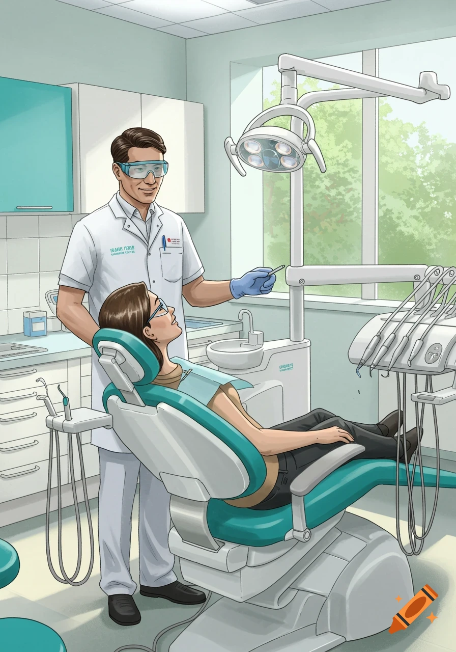 An illustration of a male dentist in a white coat and safety goggles, holding a tool, next to a female patient in a teal dental chair in a bright office.