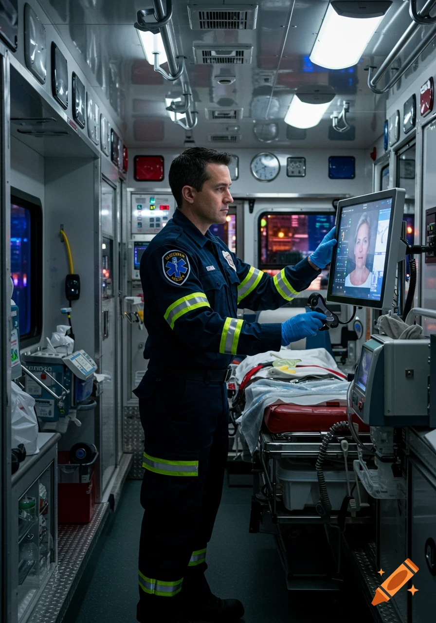 EMT in an ambulance performing a patient assessment on a video screen.