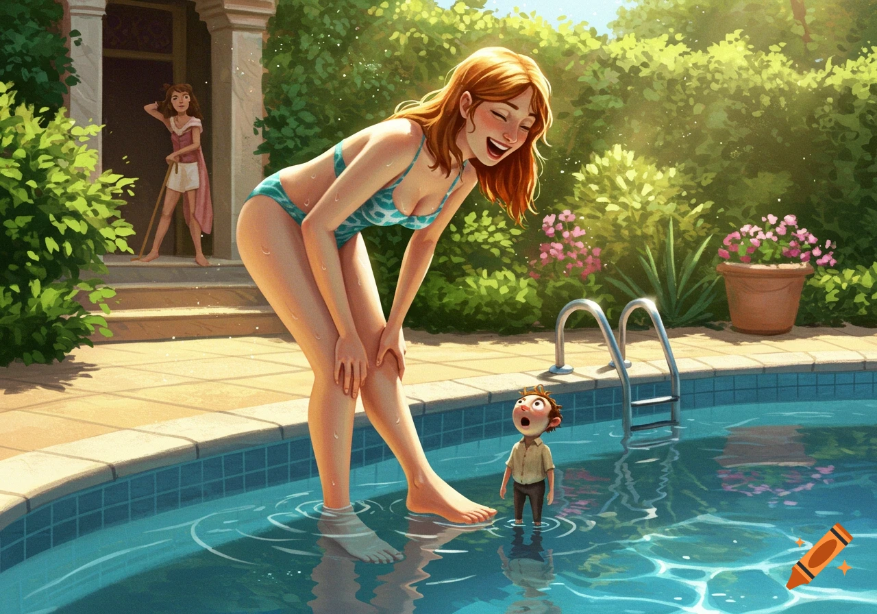 An illustration of a tall woman in a blue bikini laughing as she steps into a pool, looking at a tiny scared man in the water. Another woman stands by a house door in the sunny background.