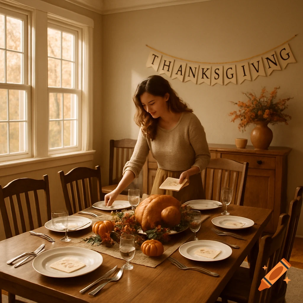A woman sets a Thanksgiving dinner table with a roasted turkey and mini pumpkins. A banner on the wall says "THANKSGIVNG".