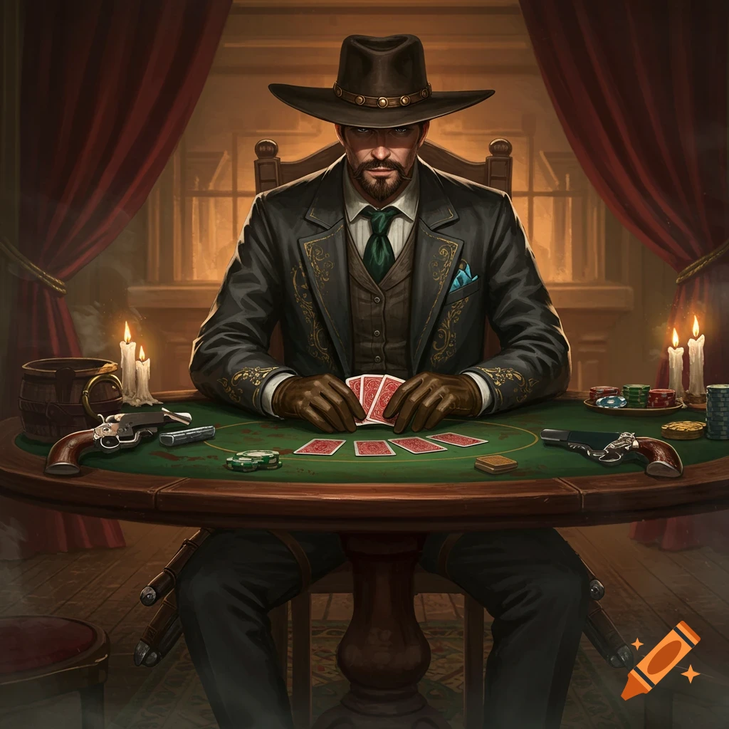 An elegant Wild West poker player sits at a green table with revolvers, playing cards, and lit candles.