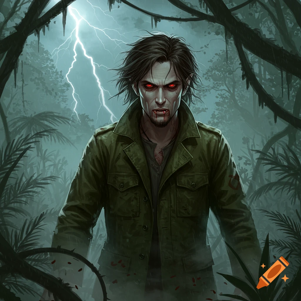 Dark fantasy illustration of a vampire with red eyes, fangs, and blood, in a military jacket, standing in a rainy jungle with lightning.