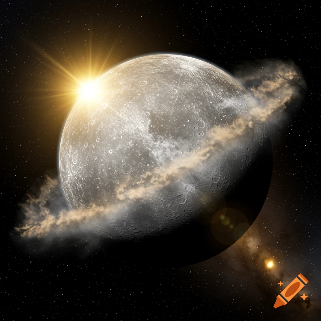 A heavily cratered planet, resembling Mercury, partially illuminated by a bright sunburst, surrounded by a dusty ring in space.