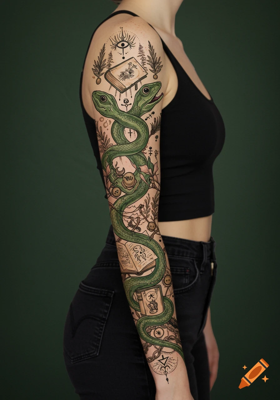 A full-sleeve arm tattoo on a woman, featuring a two-headed green snake intertwined with books, mystical symbols, and botanical elements against a dark green background.