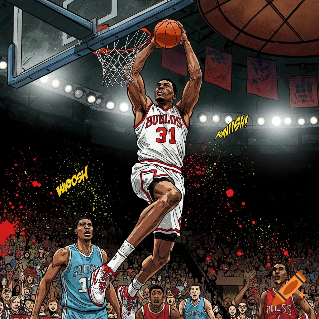 A comic-style illustration of a basketball player mid-dunk, with other players and a crowd in a stadium background.