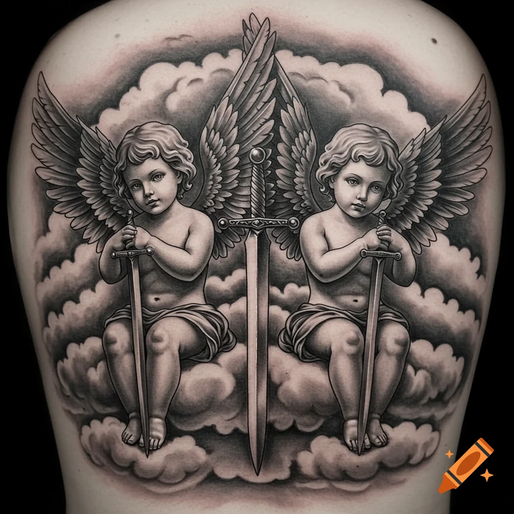 Black and white tattoo of two winged cherubs, each holding a sword, sitting on clouds, with a larger sword between them.