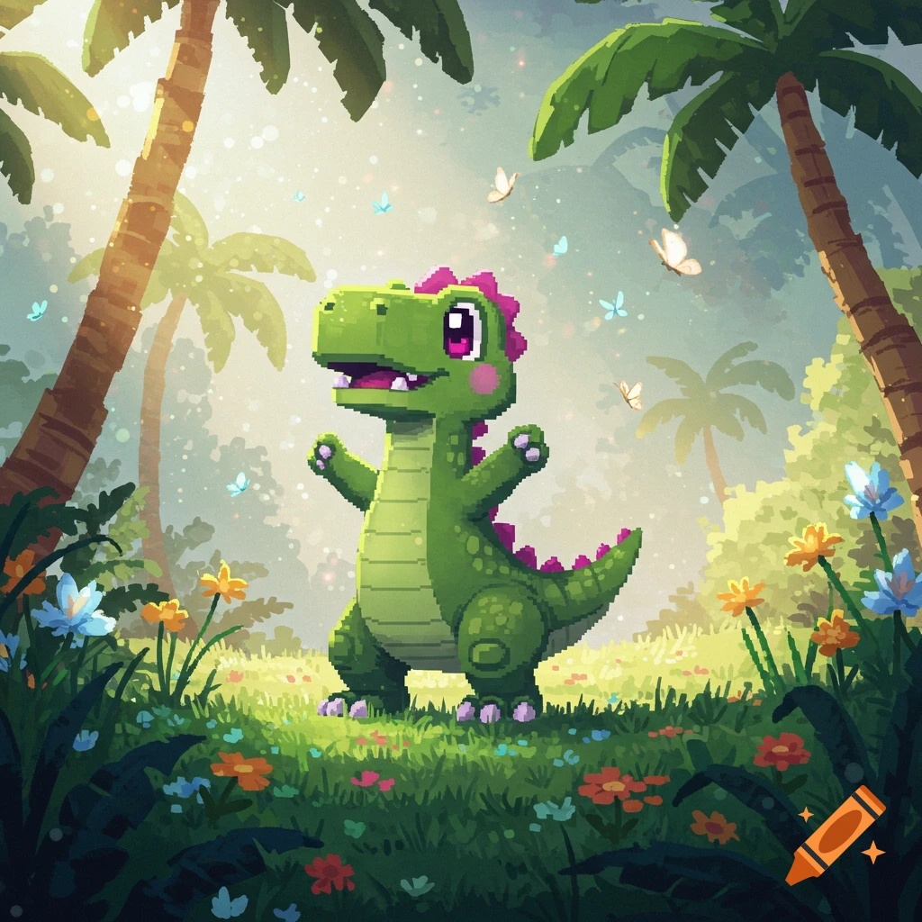 A cute green pixel art dinosaur with pink spikes stands in a vibrant jungle with palm trees, butterflies, and colorful flowers.