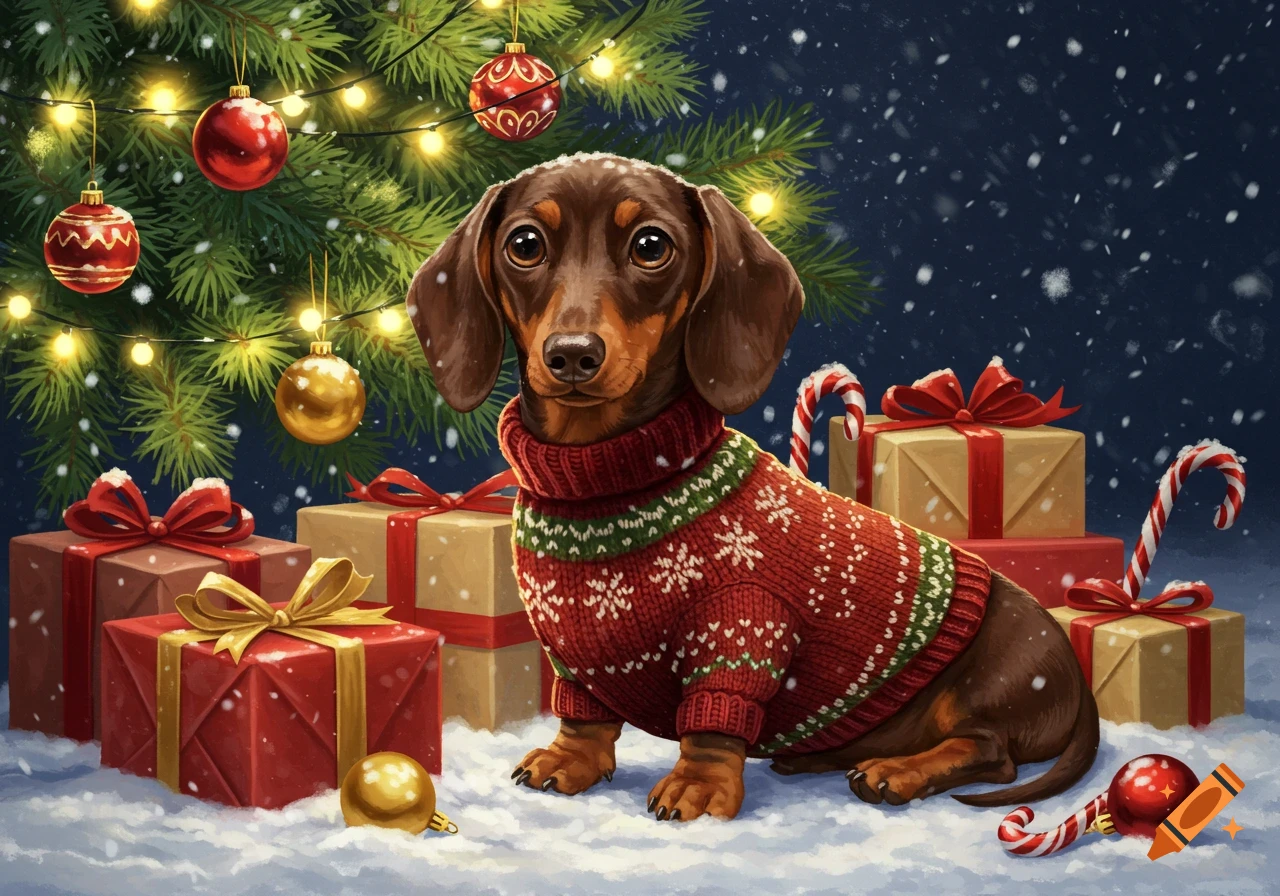 A cute dachshund in a red and green Christmas sweater sits in snow by a ...
