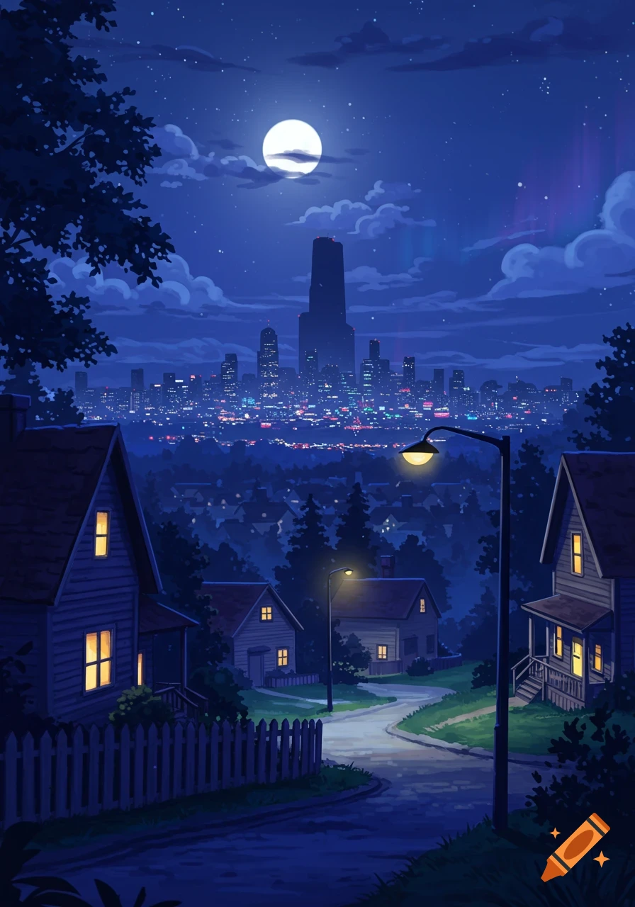 Anime-style illustration of a suburban neighborhood at night, with a full moon, streetlights, and a glowing city skyline in the background.