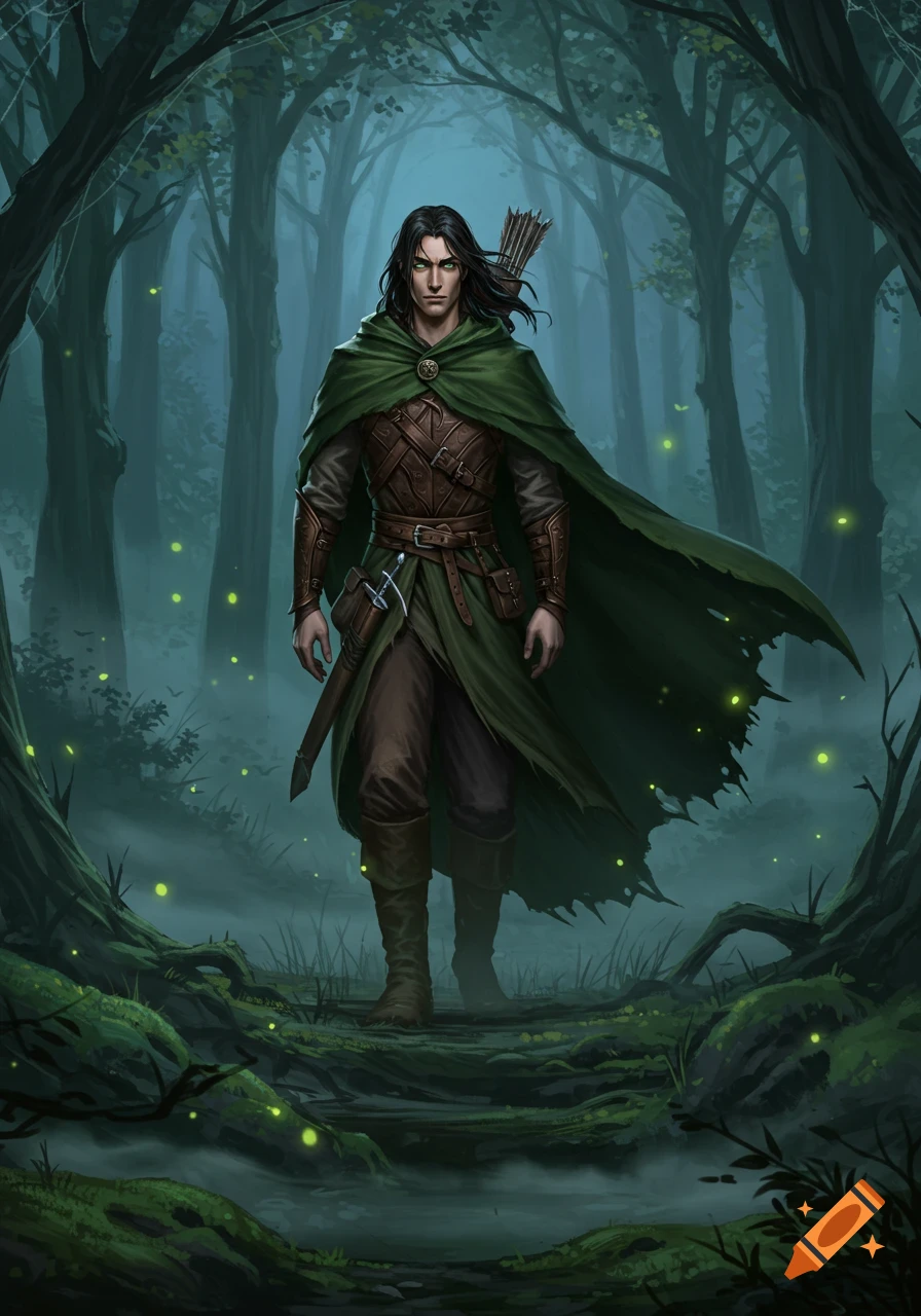 A tall, dark-haired ranger with green eyes and a green cloak stands in a mysterious, misty forest with glowing fireflies.