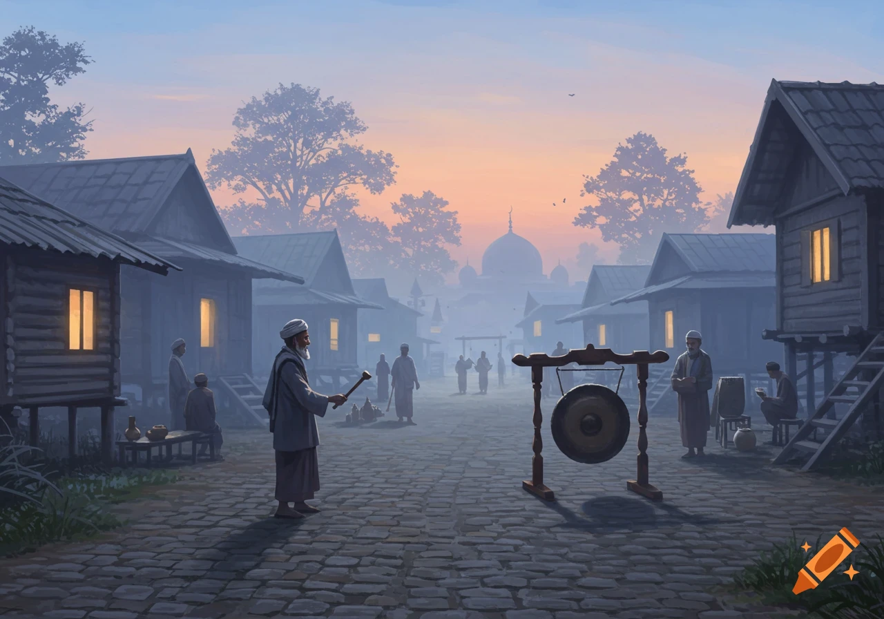 A man with a mallet stands before a gong on a cobblestone street in a traditional village at sunrise, with a mosque in the distance.