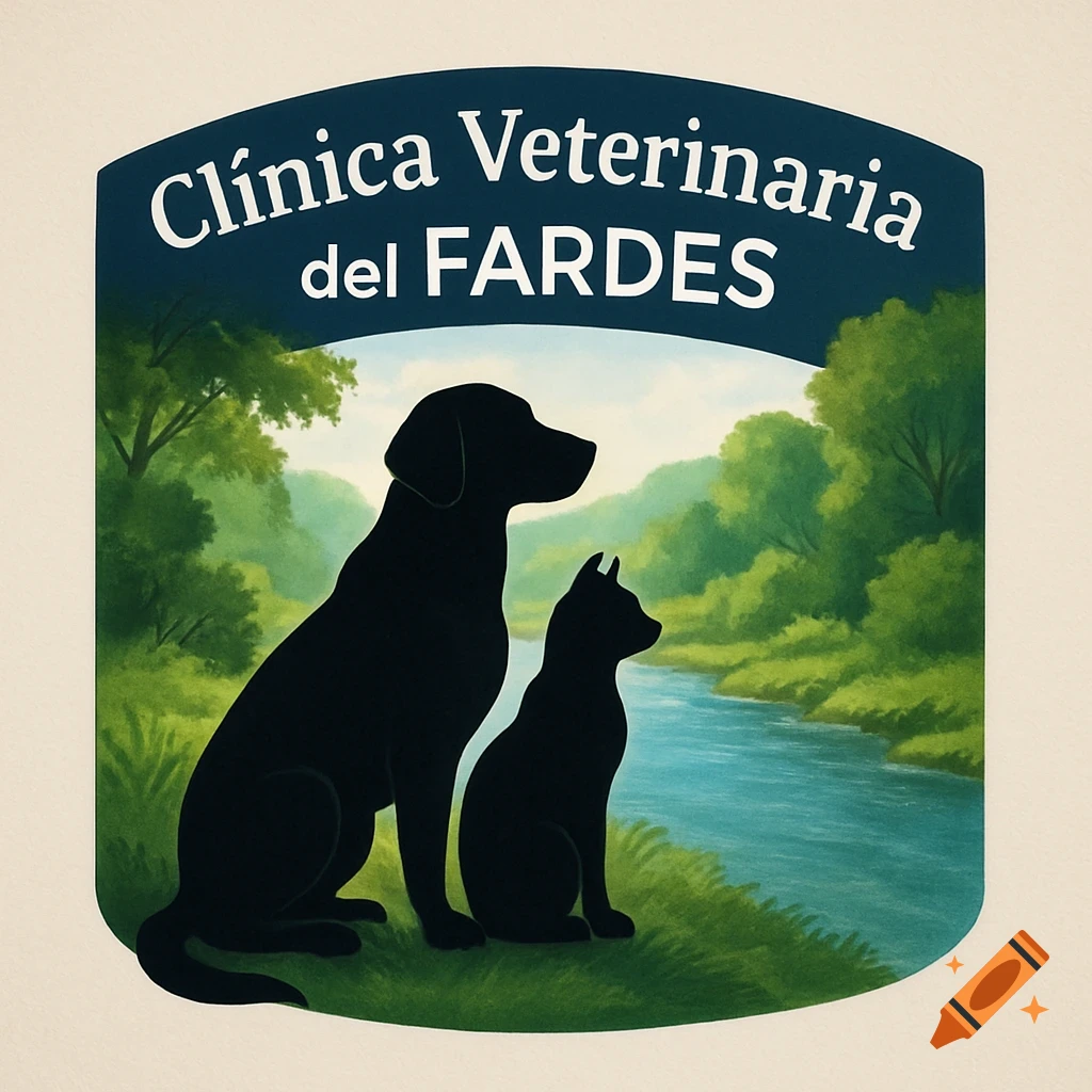 A veterinary clinic logo featuring black silhouettes of a dog and cat by a river, with "Clínica Veterinaria del FARDES" on a blue banner.