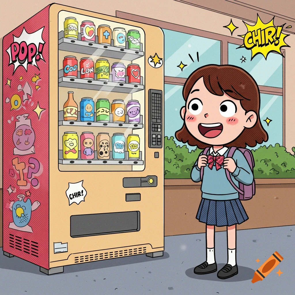 A happy cartoon schoolgirl with a backpack stands next to a colorful vending machine, rendered in a bright comic style.