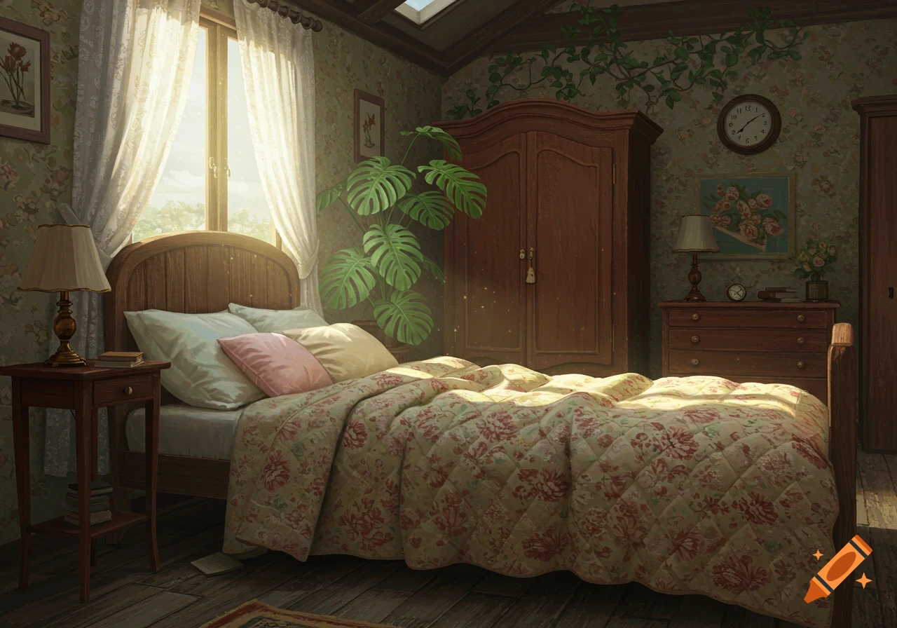 Cozy cottagecore bedroom with a bed, floral quilt, wooden furniture, and a large plant by a sunlit window.