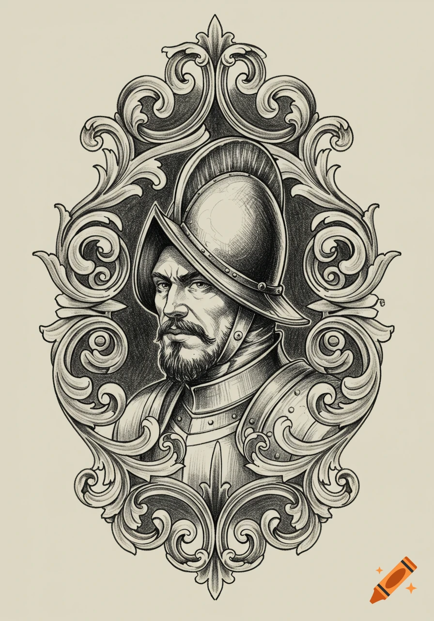 Monochrome illustration of a conquistador in a morion helmet, framed by ornate decorative swirls, in a tattoo design style.