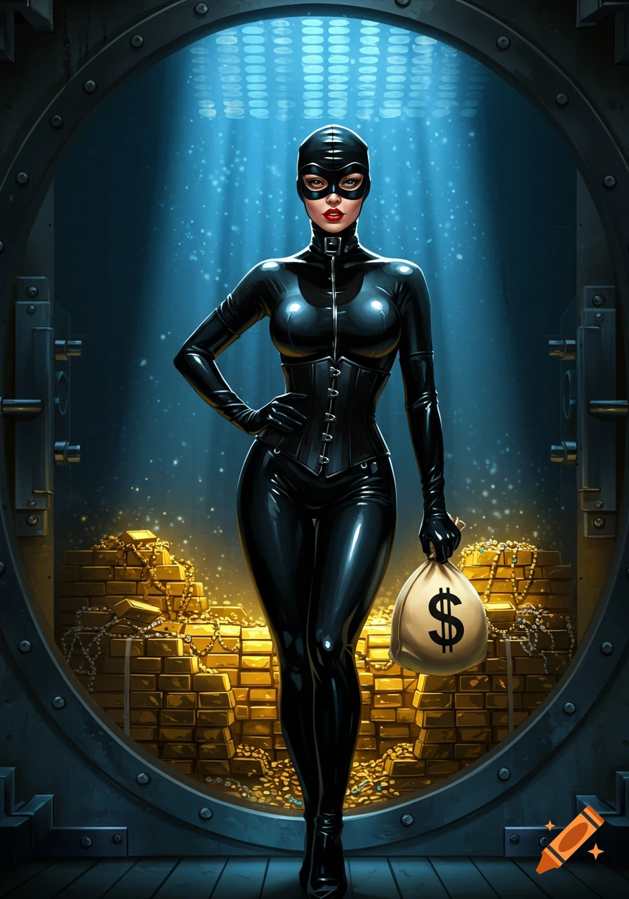 A stylized illustration of a female burglar in a black latex suit and mask, holding a dollar sign money bag, standing in a vault filled with gold.