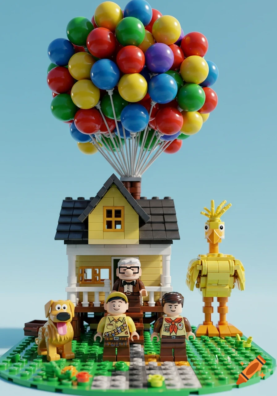LEGO scene of the Up movie house floating with colorful balloons, minifigures Carl, Russell, Dug, and a yellow bird.