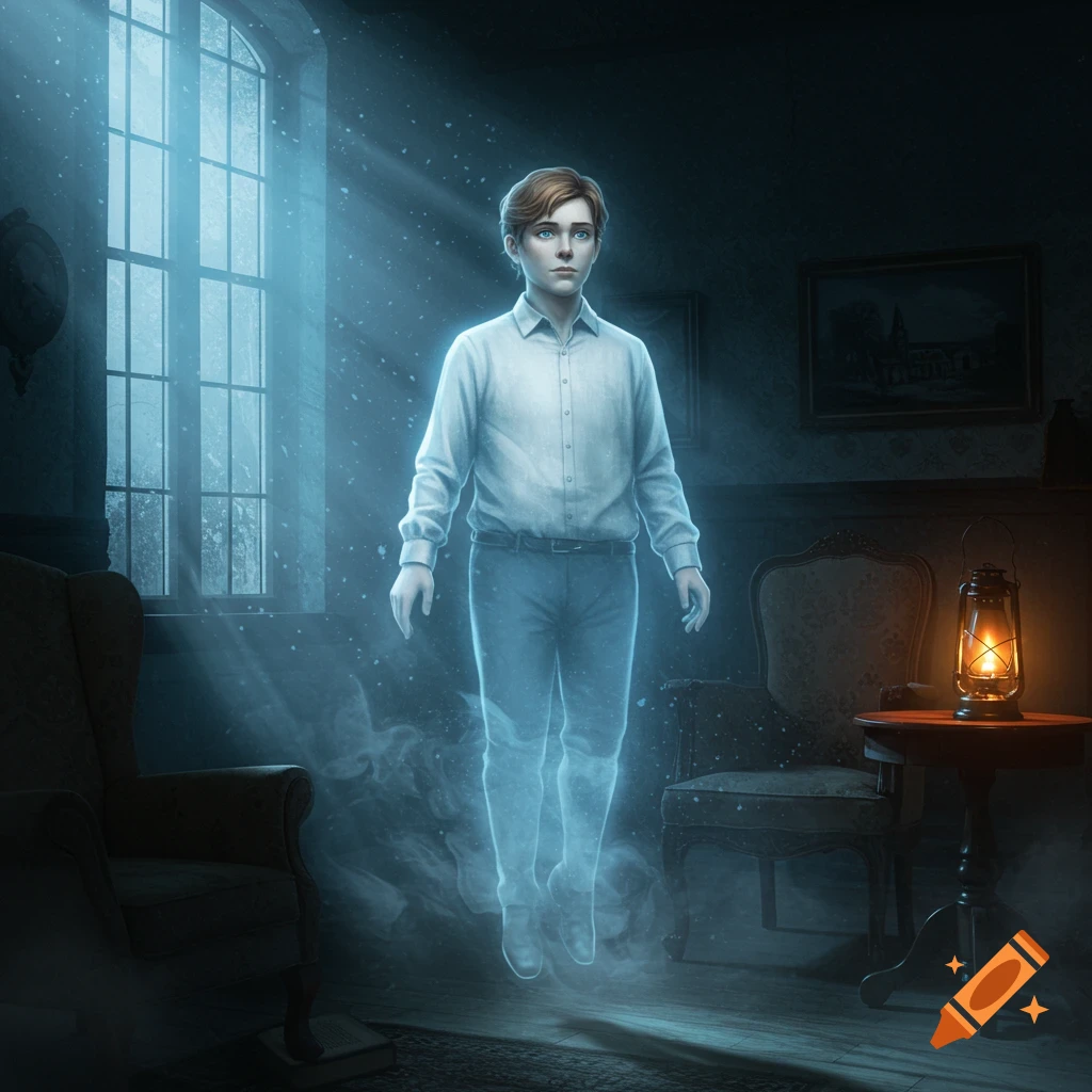 A translucent, glowing ghost of a young man floats in a dimly lit, old room with a large window and a lit lantern.