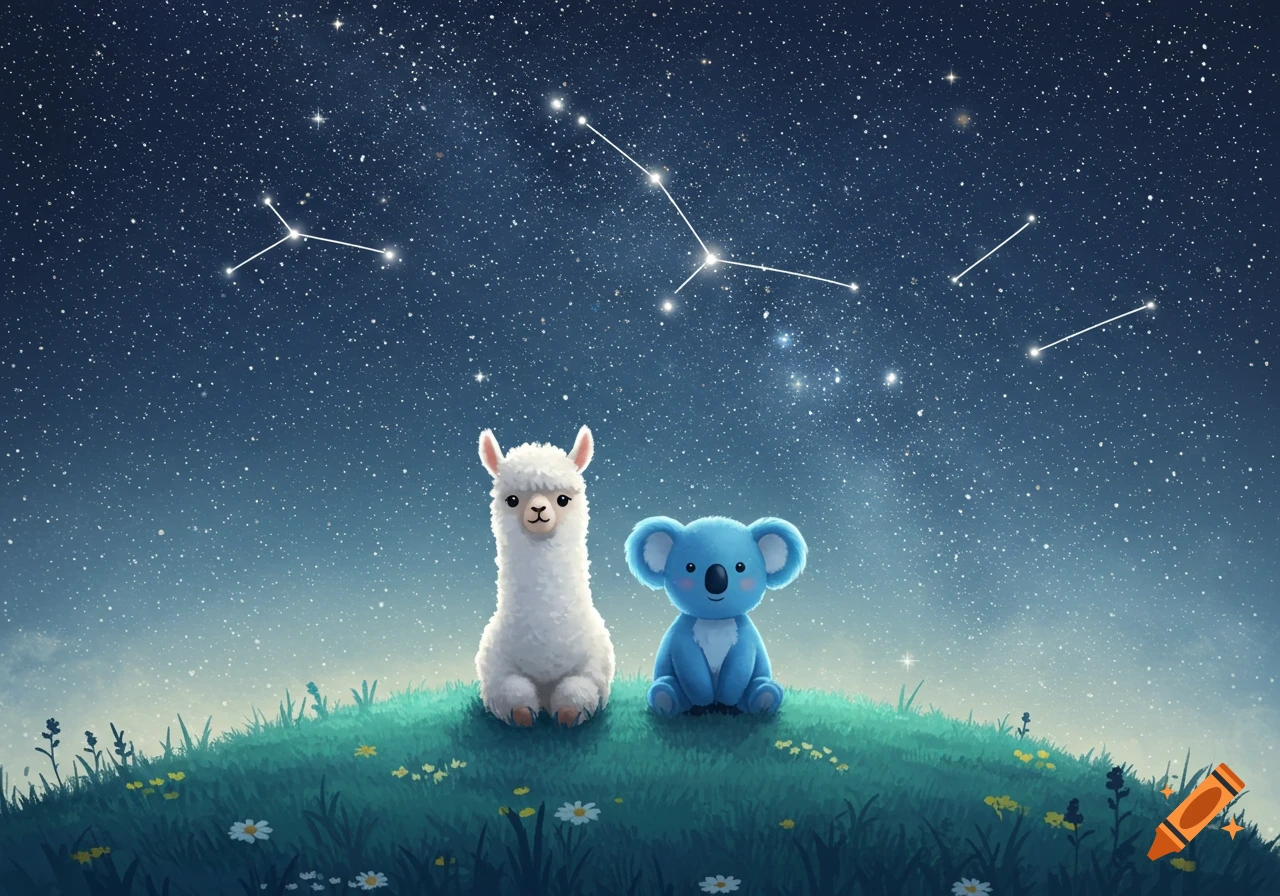 A cute white alpaca and a blue koala sit on a grassy hill, gazing at a starry night sky with constellations.