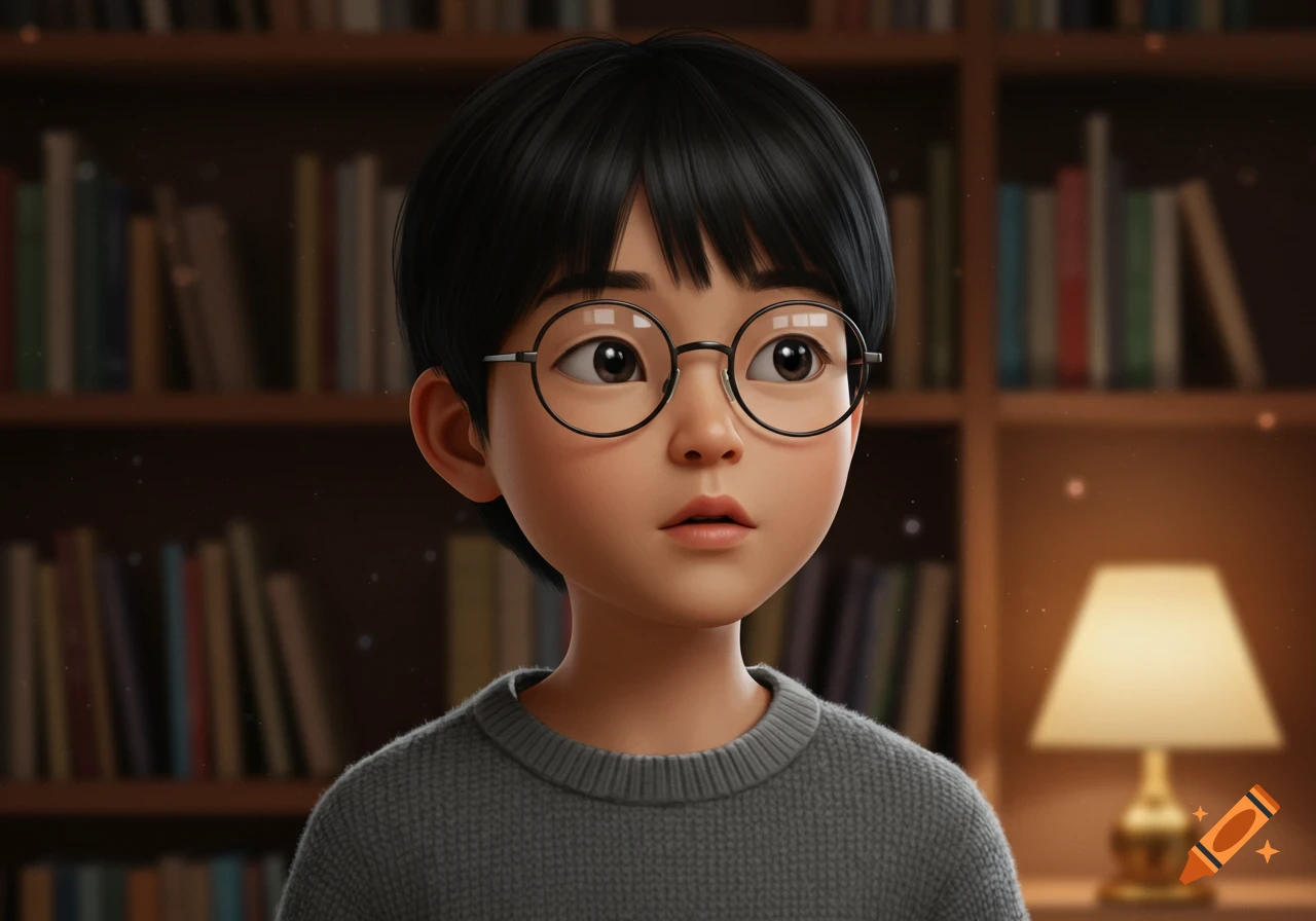 A 3D illustration of a smart-looking Asian boy with black hair and round glasses, wearing a gray sweater, in front of a blurred bookshelf.