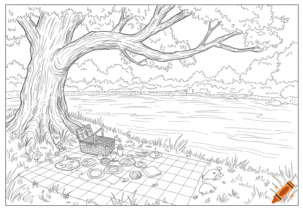 Line art of a picnic blanket with food laid out under a large tree by a river, in a black and white sketch style.