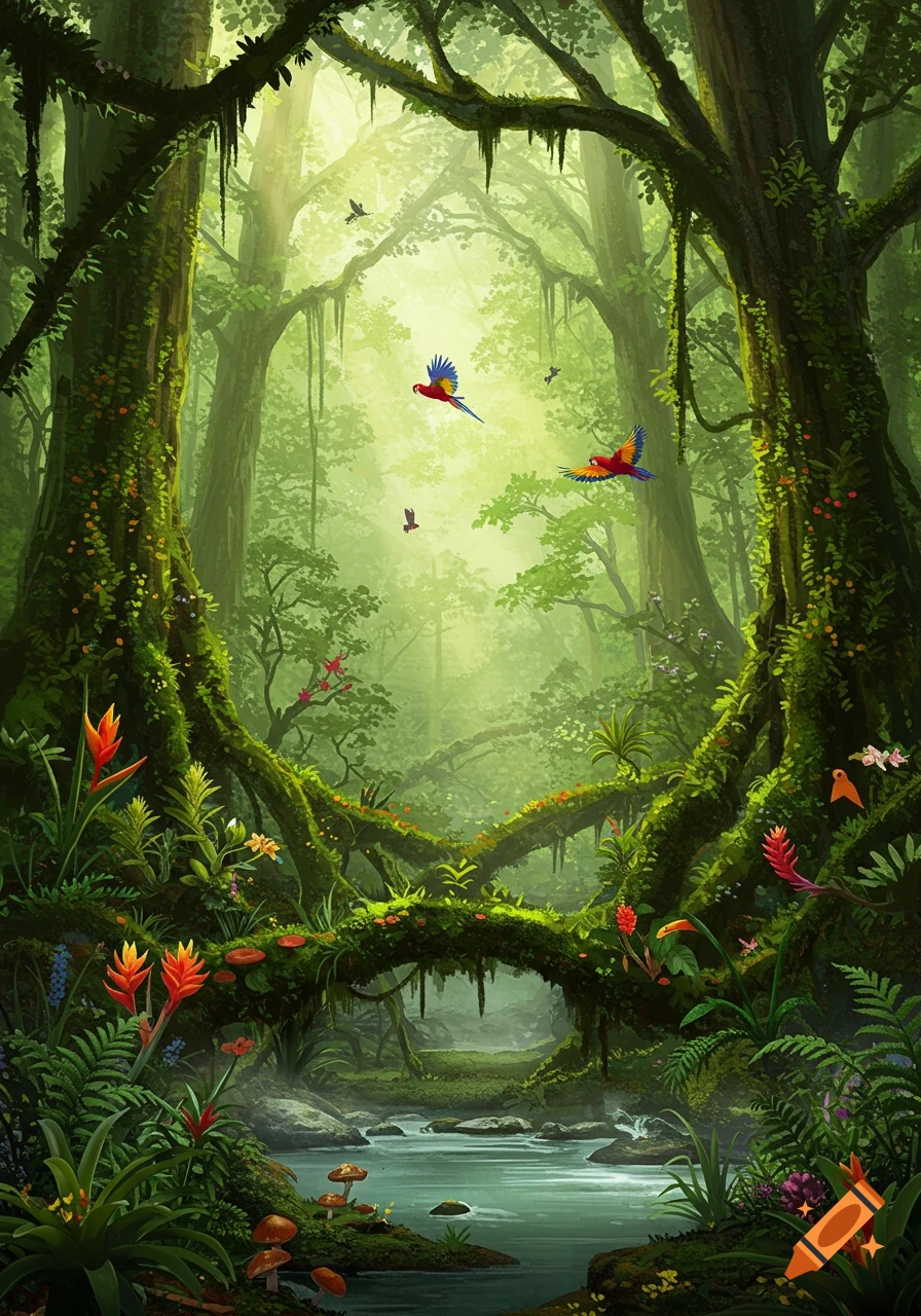 Lush, vibrant rainforest with a river, exotic plants, and colorful macaws flying through sunlit trees.