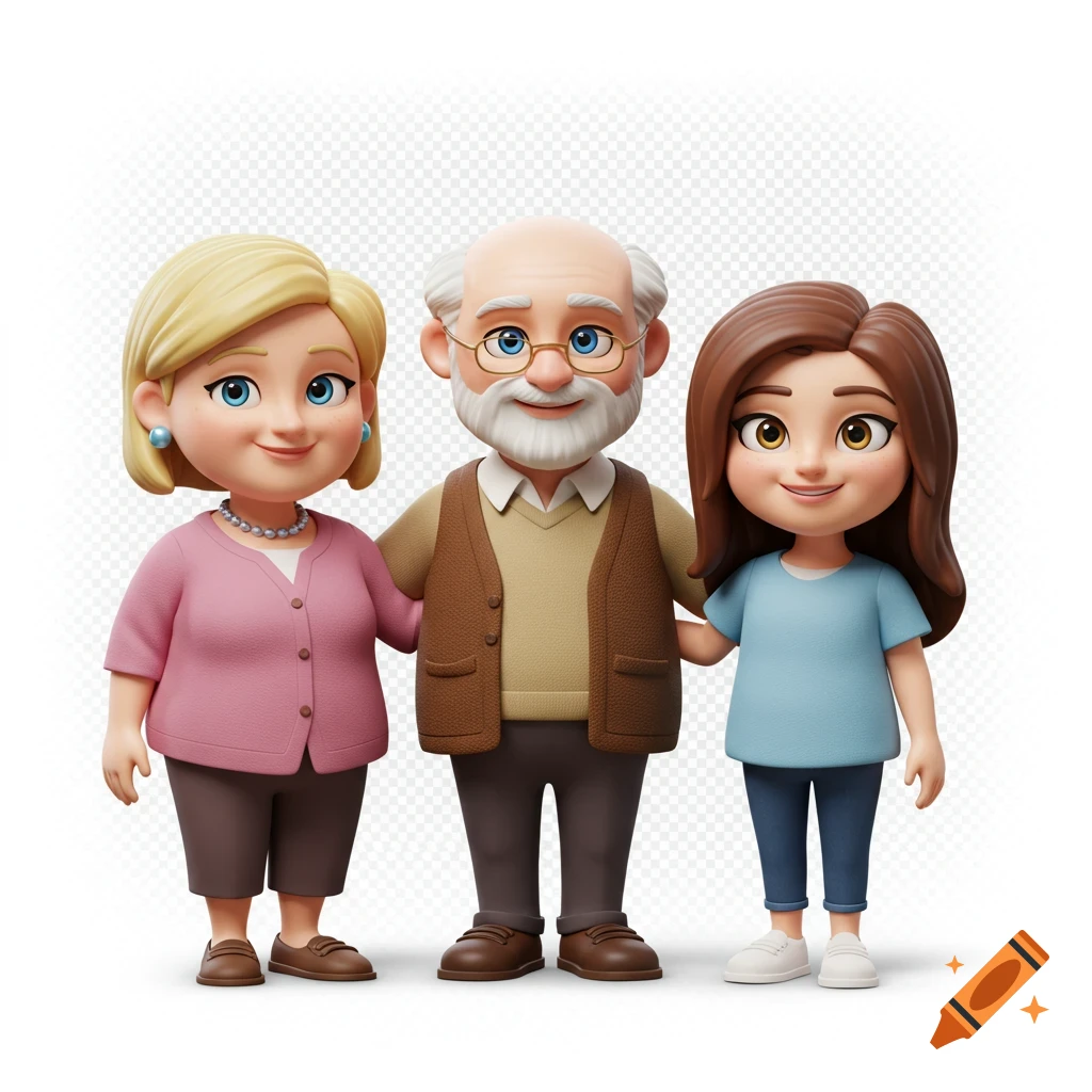 A 3D cartoon illustration of a blonde mother, white-haired father, and brown-haired daughter standing together.