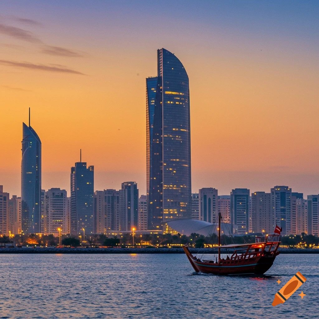 A traditional boat sails on water in front of a modern Abu Dhabi cityscape during a vibrant sunset.