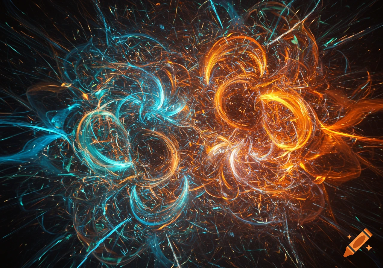Vibrant abstract swirl of bright orange and blue light trails on a dark background.