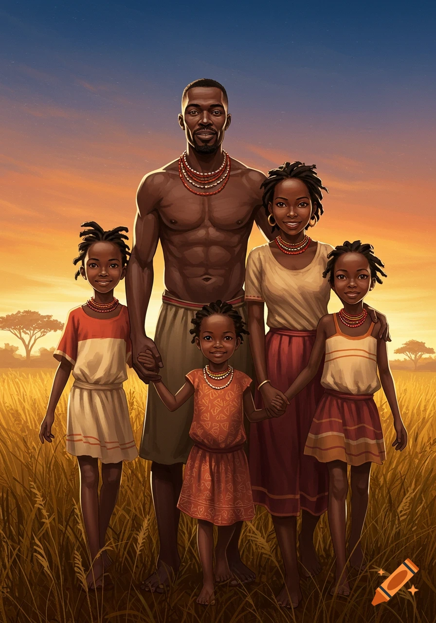 An illustrative portrait of an African family of five, including parents and three daughters, standing in a golden field at sunset.