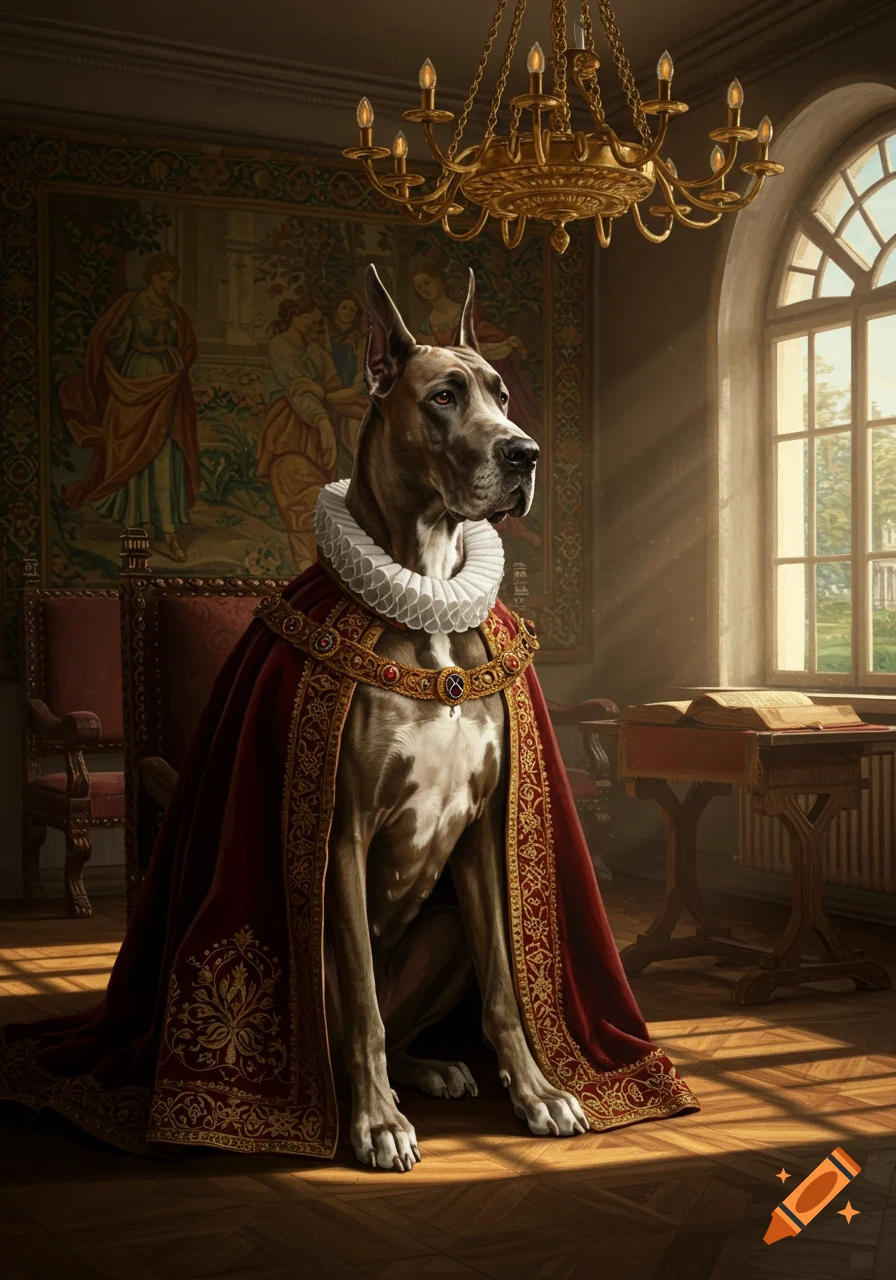 A majestic Great Dane sits regally on a wooden floor, wearing a red and gold royal robe with a white ruffled collar, in a sunlit Renaissance room with a tapestry and chandelier.