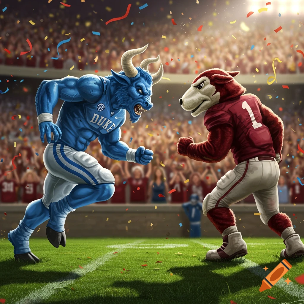 A blue bull mascot wearing a Duke jersey and a red wolf-like mascot in a number 1 jersey face off on a football field with confetti falling.