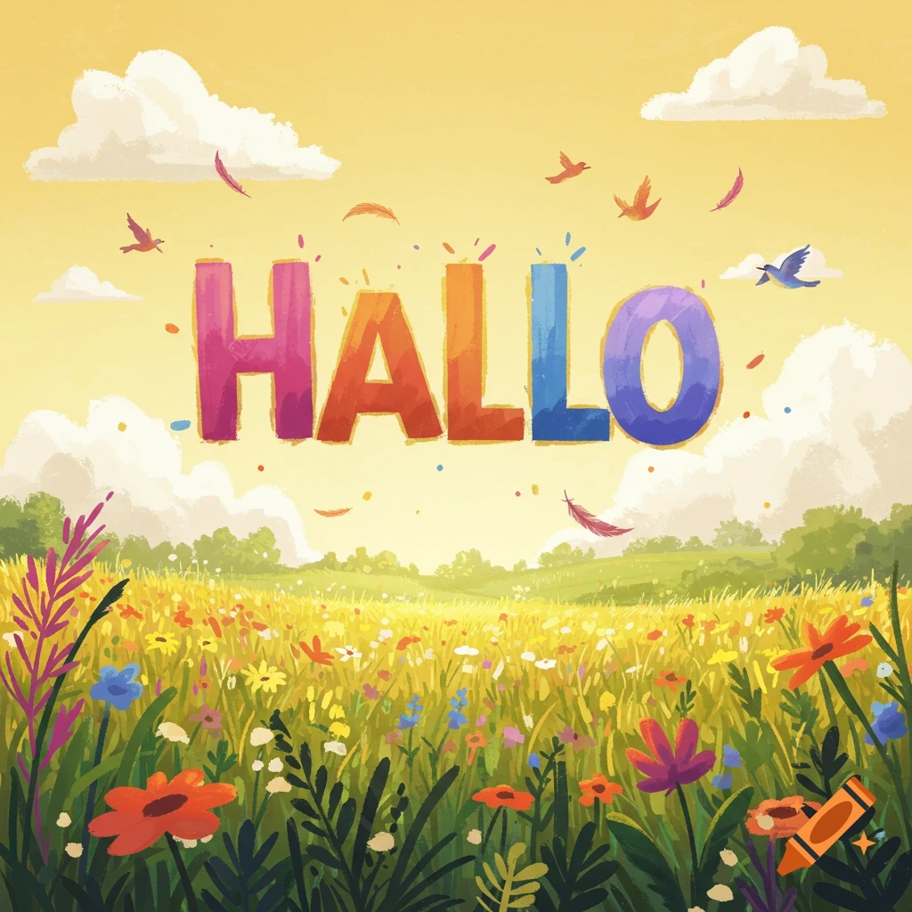 Colorful illustration of a sunny wildflower field with the word HALLO in bold, rainbow letters against a yellow sky.