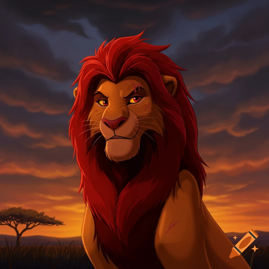 A cartoon-style villain lion with a wild red mane and subtle scars, gazing intensely against a dramatic sunset savannah.