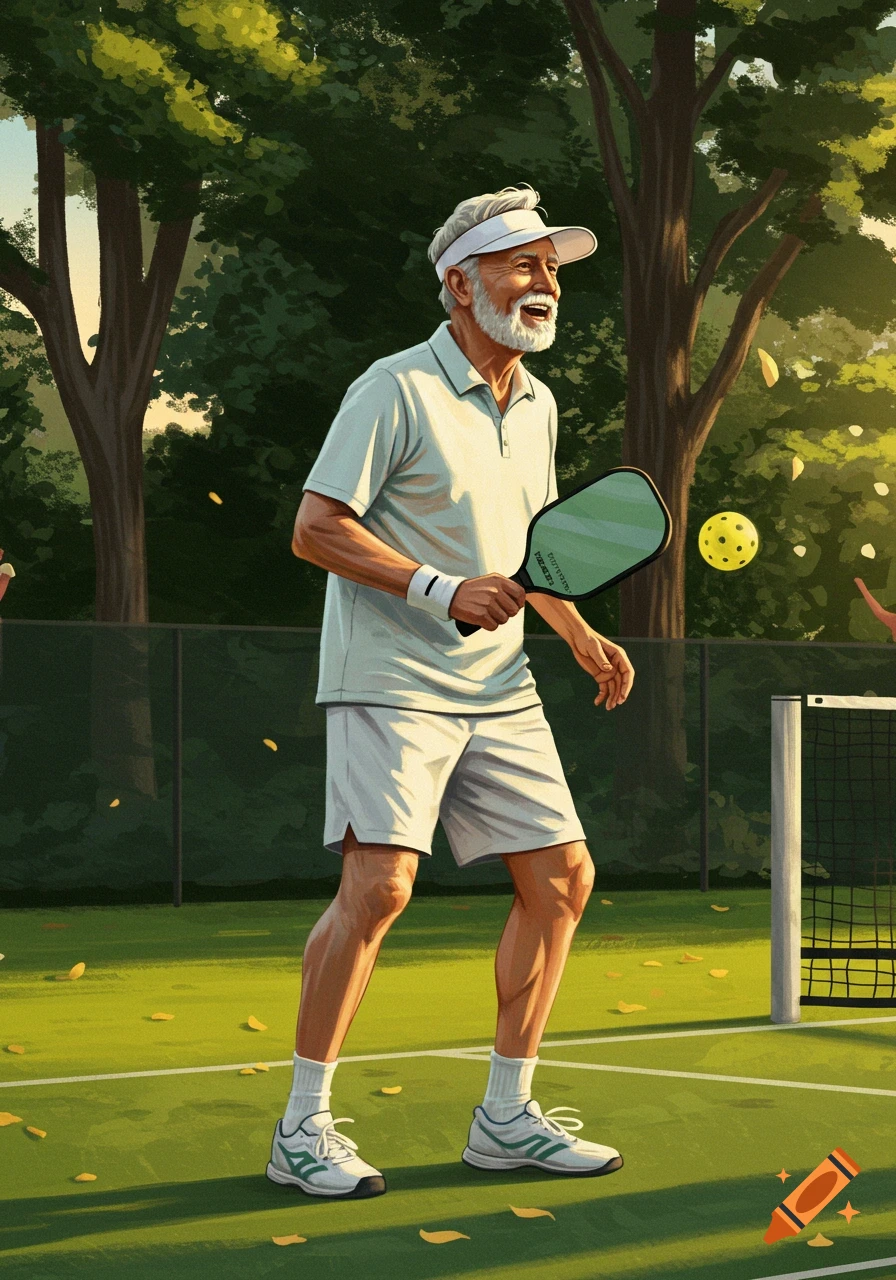Illustration of a smiling older man playing pickleball on an outdoor court, holding a paddle, with a ball in the air.