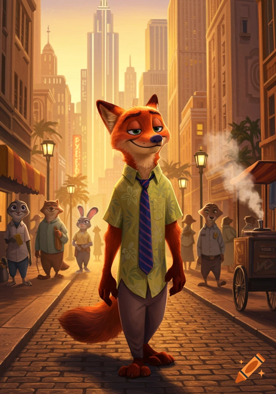 Nick Wilde, a fox, stands in a city street at sunset, wearing a Hawaiian shirt and tie, with other anthropomorphic animals and buildings in the background.