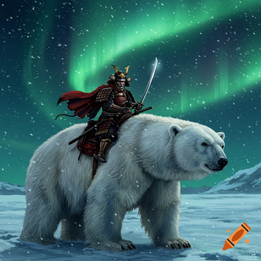 A samurai warrior in traditional armor and a red cape rides a polar bear across a snowy landscape under a vibrant green aurora borealis.