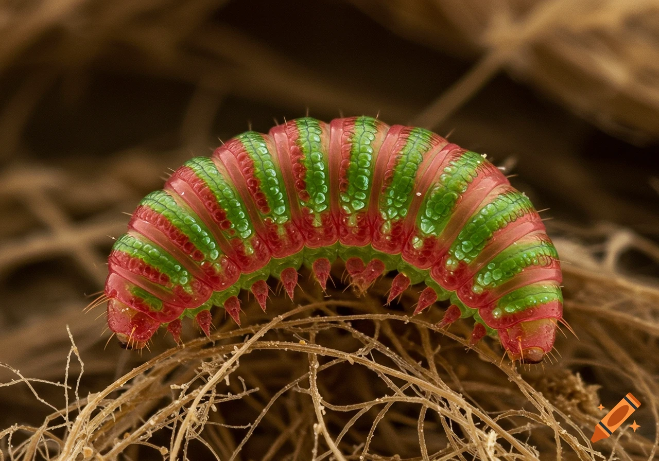 A vibrant red and green segmented caterpillar-like creature with many legs, seen in a close-up macro shot on tangled brown roots.