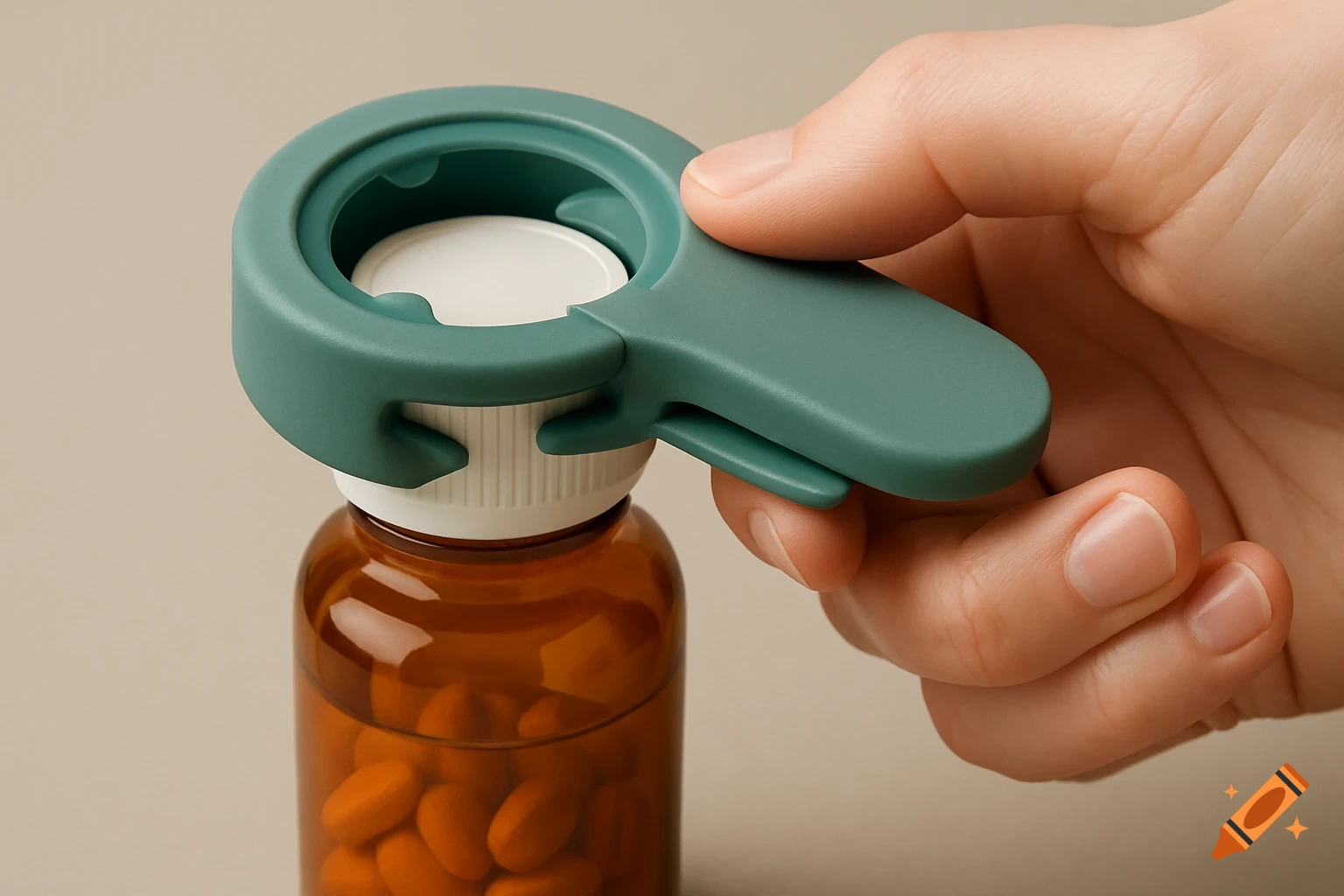A hand uses a teal pill bottle opener on an amber pill bottle, filled with orange pills, against a neutral background.