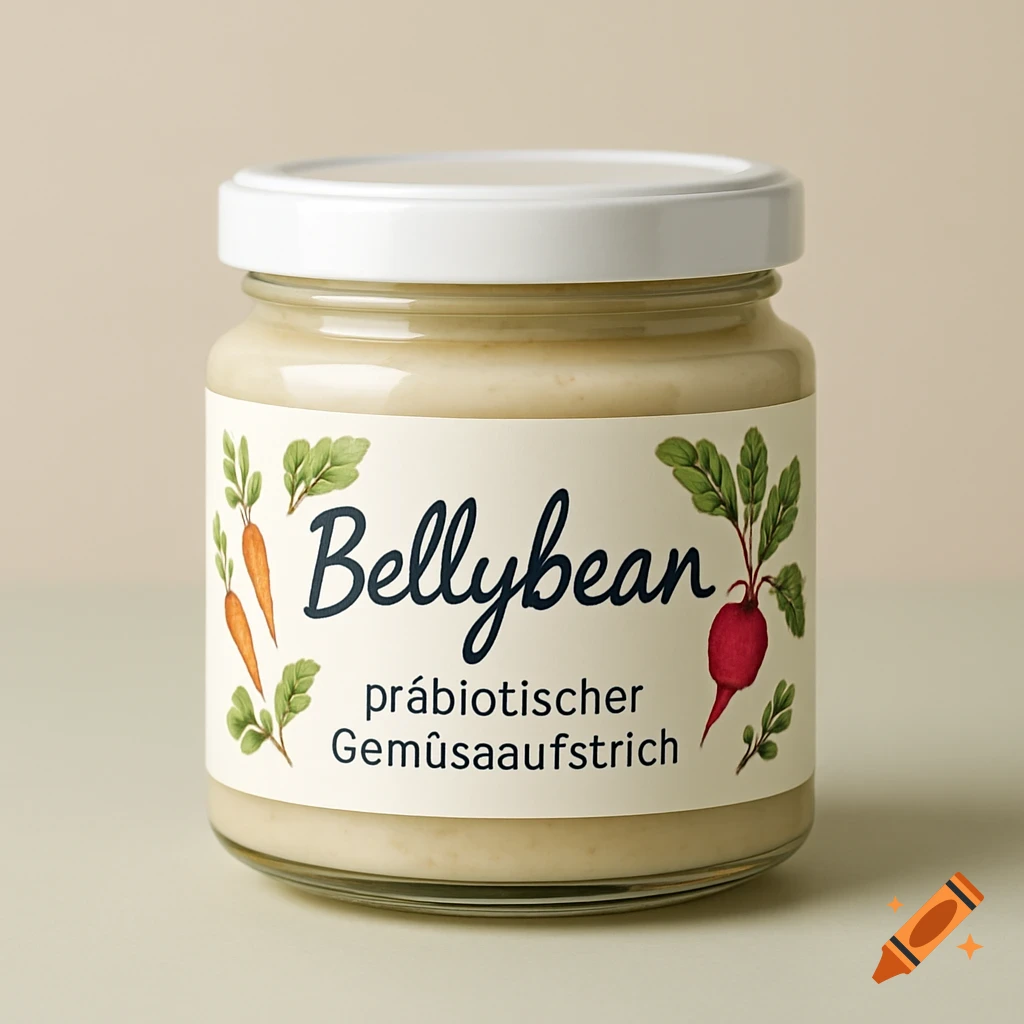A glass jar of 'Bellybean' probiotic vegetable spread with a white lid, featuring illustrations of carrots and a radish on its label.