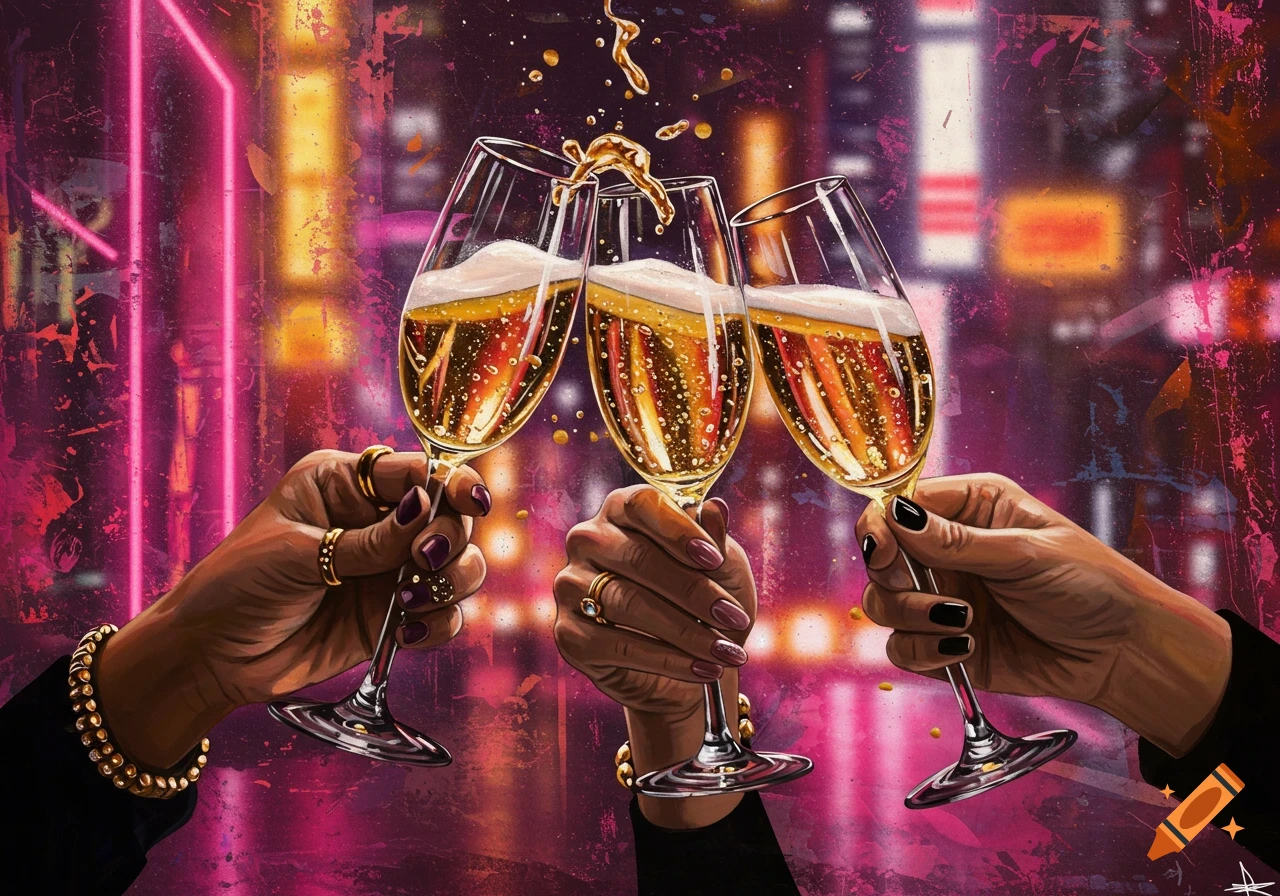 Three hands clinking champagne glasses against a vibrant, neon-pink and orange urban background, with golden liquid splashing.