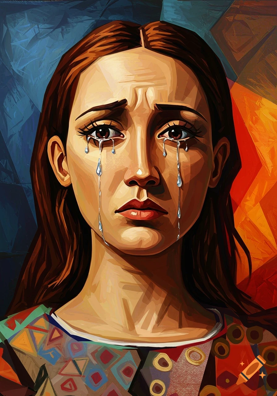 A cubist painting of a woman crying, with tears streaming down her face, against a colorful geometric background.