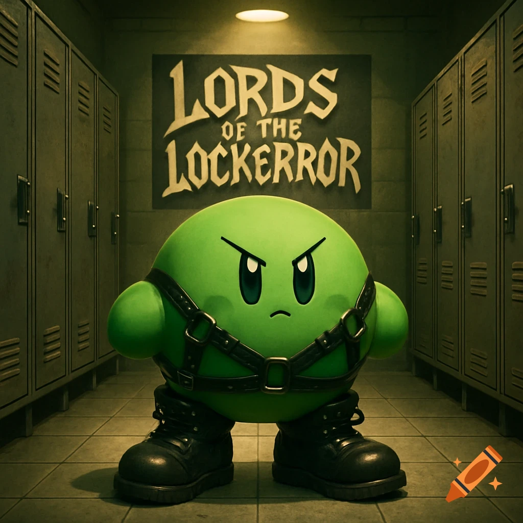An angry green Kirby-like character in black leather straps and boots stands in a dimly lit locker room under a 'LORDS OF THE LOCKERROR' sign.