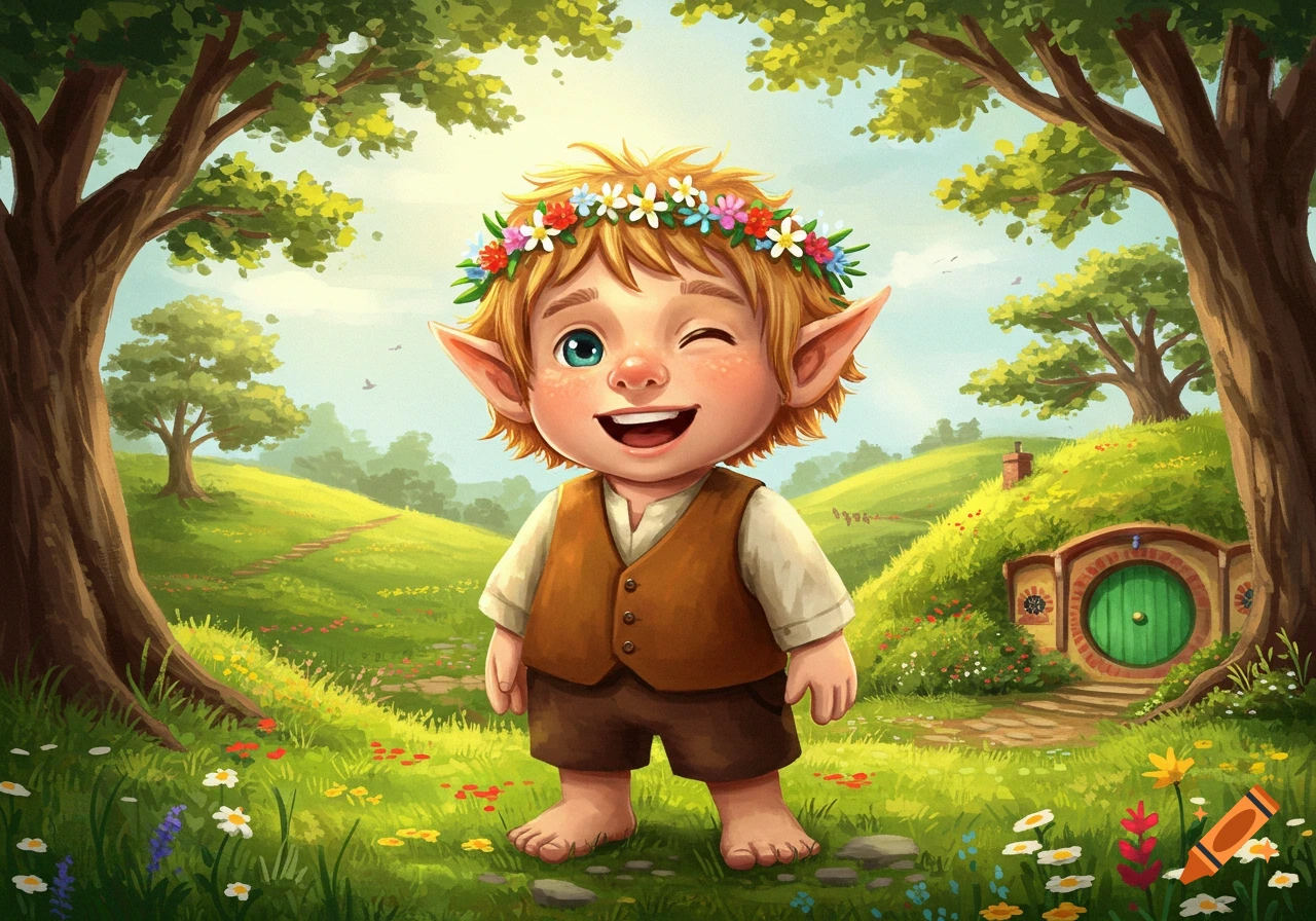 A happy, blonde hobbit-like child with pointy ears and a flower crown winks in a lush, green fantasy landscape with a hobbit hole in the background.